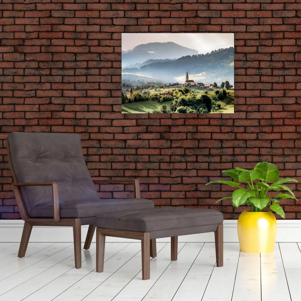 Tablou pe sticlă - sătuț în ceață (70x50 cm)
