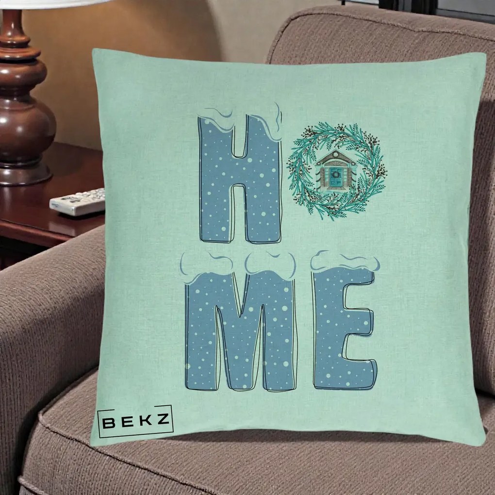 Perna Decorativa HOME Iarna cu Coroana, 40x40 cm, Verde Menta, Husa Detasabila, Perna Inclusa, BEKZ®