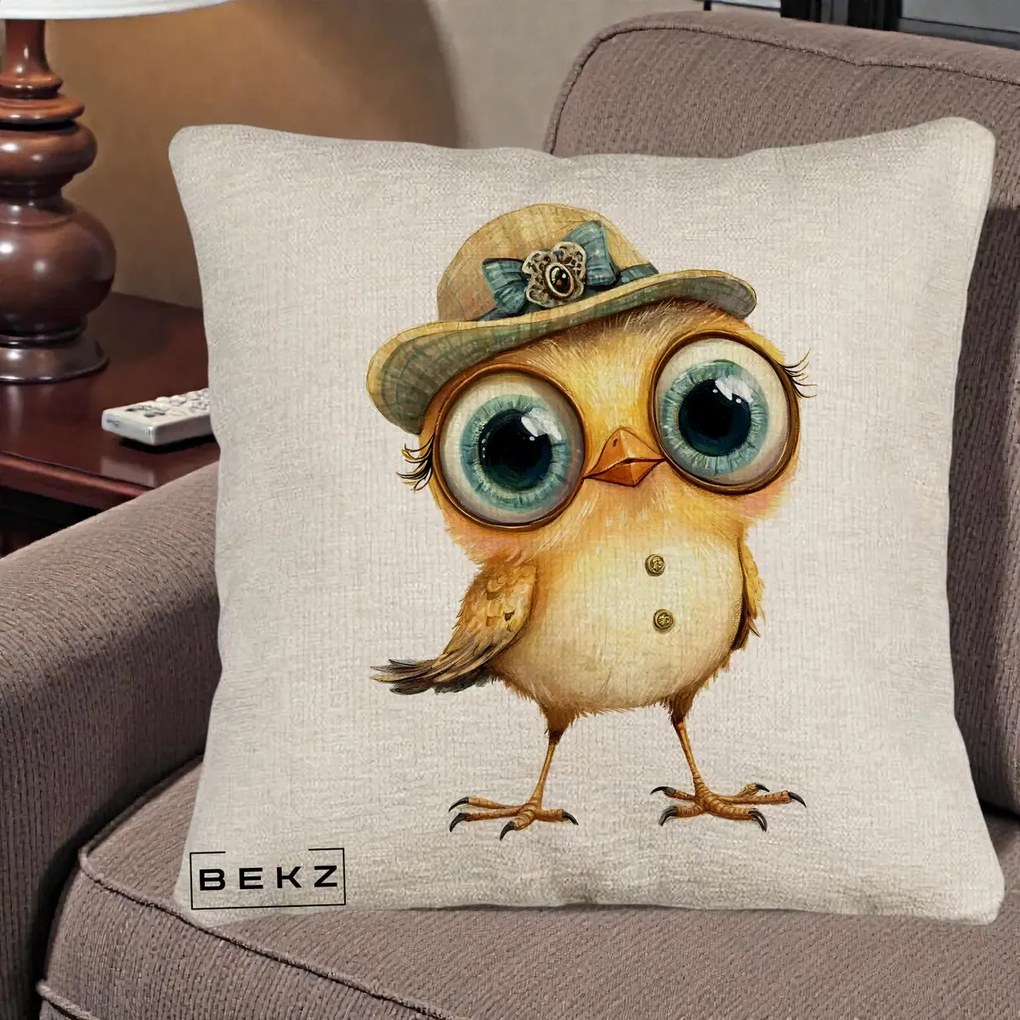 Perna Decorativa Pui Elegant cu Palarie Teal, 40x40 cm, Bej Canapea, Husa Detasabila, Perna Inclusa, BEKZ®