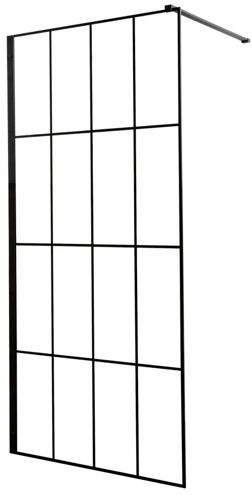 Cabină de duș walk-in Techno 100 100x200 cm, profil negru, sticlă transparentă cu model de grilă