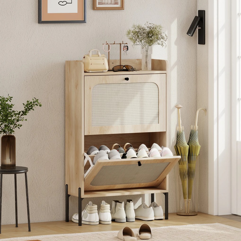 HOMCOM Dulap pentru încălțăminte 12 perechi, dulap cu 2 sertare rabatabile, uși din ratan și polițe reglabile, stejar | Aosom Romania