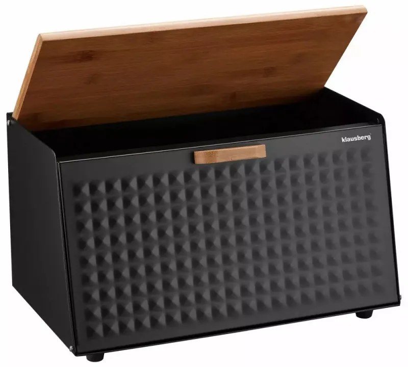 Cutie pentru paine Klausberg KB 7467, 35.5 cm, Otel, Bambus, Capac superior si frontal, Negru/Maro