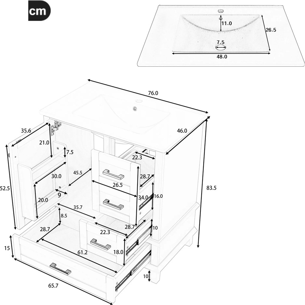 Dulap de baie pe podea cu chiuvetă, spațiu de depozitare variat, 76x46x83,5 cm, Alb
