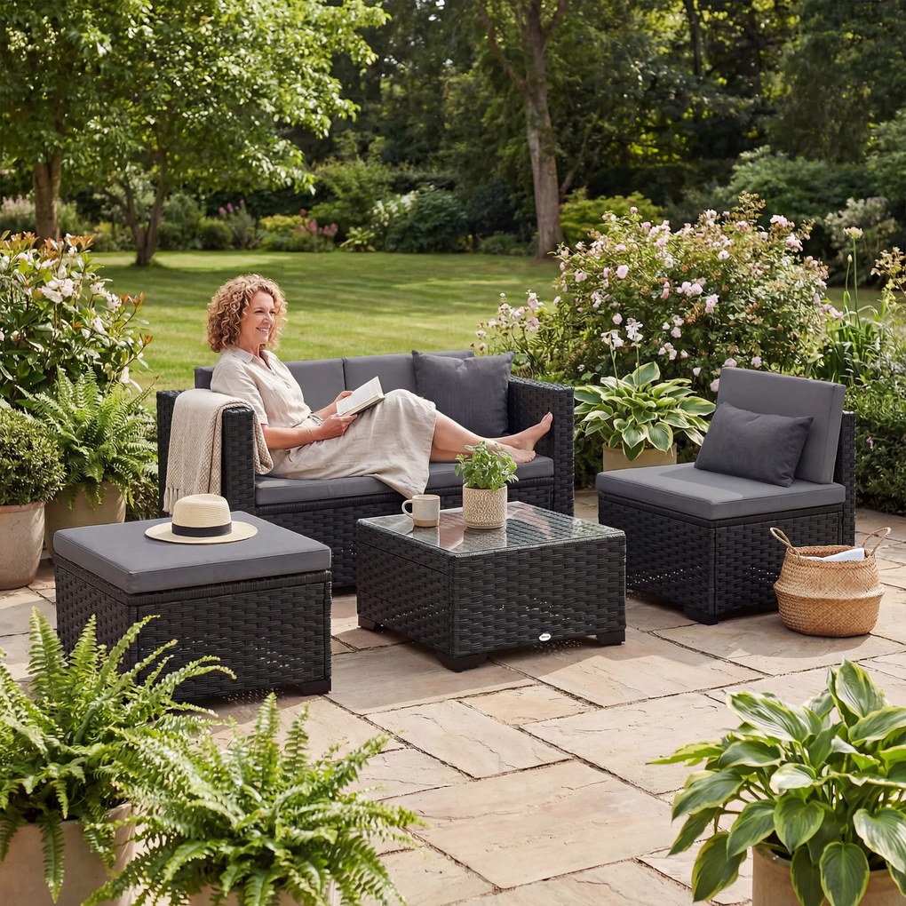 Outsunny Set Modular de Grădină din Rattan cu Perne, Canapea de Colț Gri, 5 Piese | Aosom Romania