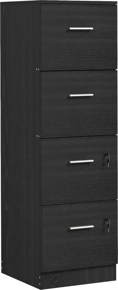 HOMCOM Dulap de Birou cu 4 Sertare, 2 Încuietori și Bare pentru Dosare Suspendate, cu Aspect de Lemn, 40x42x130,8 cm, Negru | Aosom Romania