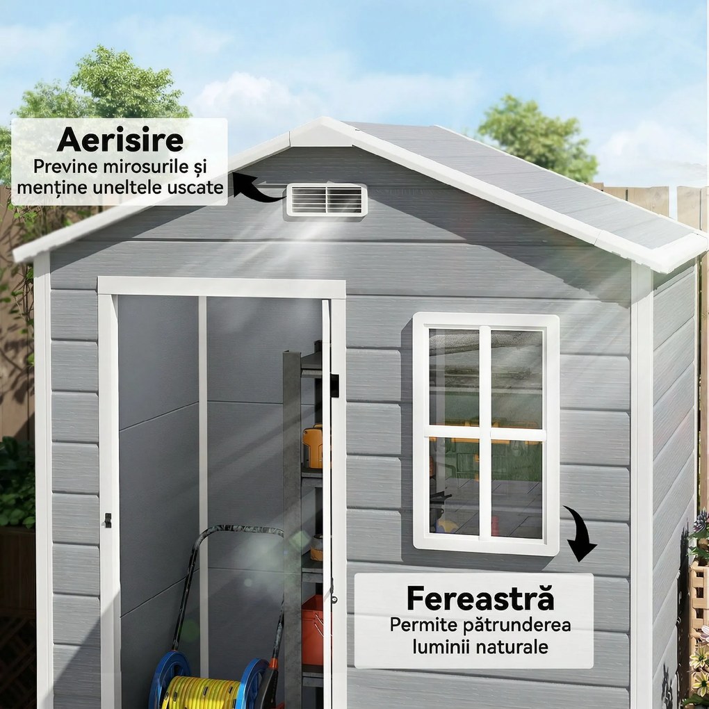 Outsunny Magazie de Grădină, Magazie din Plastic cu Podea, Fereastră, Ușă cu Blocare și Grile de Ventilație, Gri | Aosom Romania