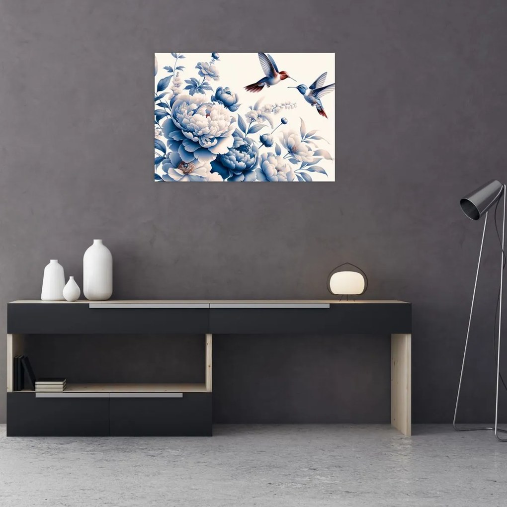 Tablou pe sticlă - Colibri deasupra florii (70x50 cm)