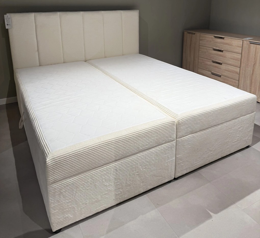 Boxspring 180x200 cm, material raiat catifelat, culoare crem, cu lada de depozitare, saltele și topper inclus