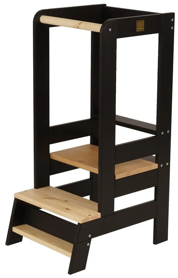 Turn de învățare negru/în culoare naturală din lemn de pin Montessori – Meowbaby