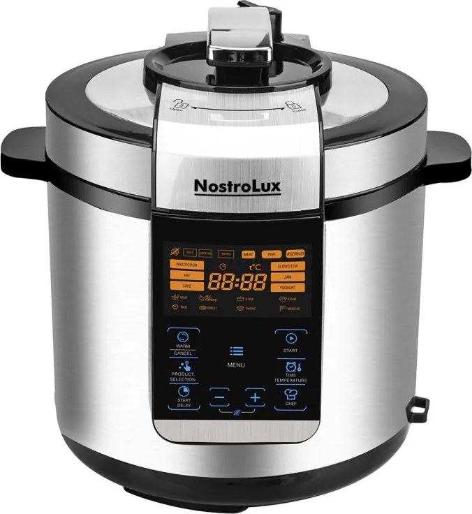 Oală sub presiune multifuncțională NostroLux NL51985H6, 1000 W, 6 l, 70 kPa, cronometru de 24 ore, 15 programe, afișaj LED mare, comandă tactilă, oțel inoxidabil