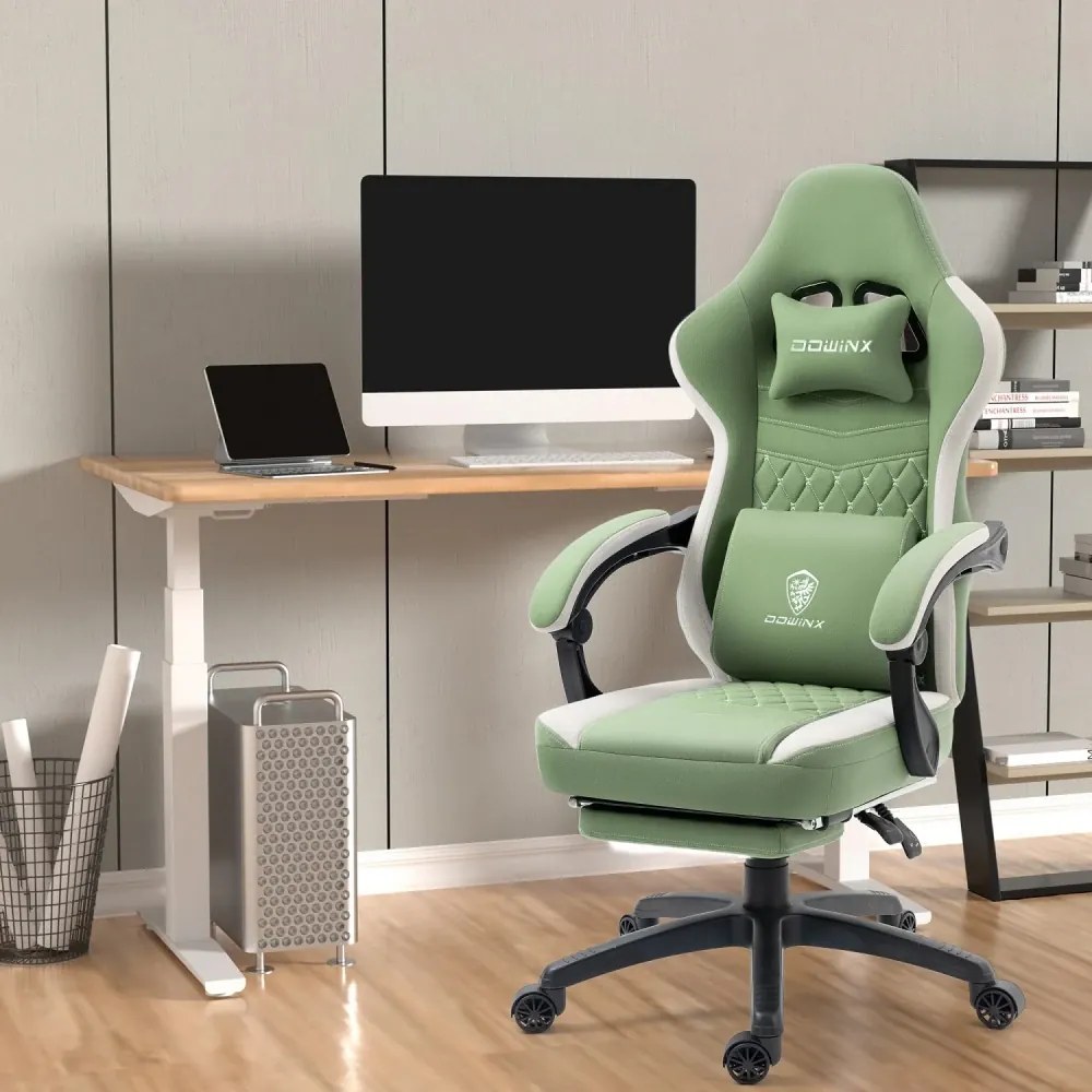 DOWINX Scaun gaming, ergonomic, suport lombar cu masaj, Șezut cu Arcuri Metalice și Spumă, Spătar înalt, rabatabil 90°-135°, Buzunar depozitare, Suport picioare, rezistent 150 kg, material respirabil, Verde