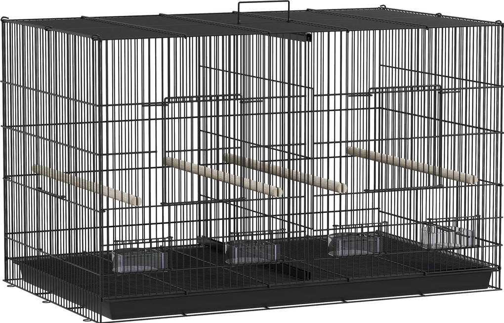 PawHut Colivie pentru Păsări cu Separator, Raft Inferior, 4 Stinghii și 4 Hrănitoare, 94x57x57 cm, Negru | Aosom Romania