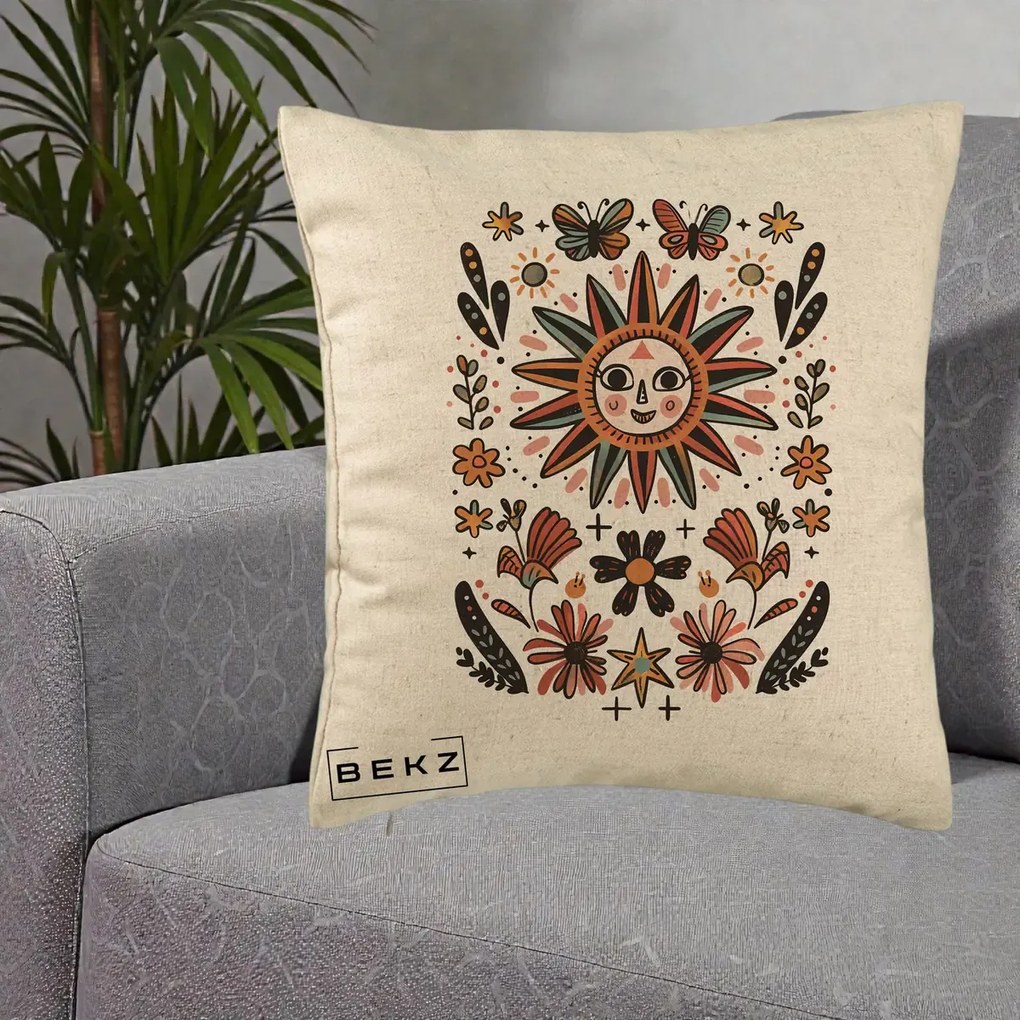 Perna Decorativa Soare Boho Folk Fluturi, 40x40 cm, Bej, Husa Detasabila, Perna Inclusa, BEKZ®