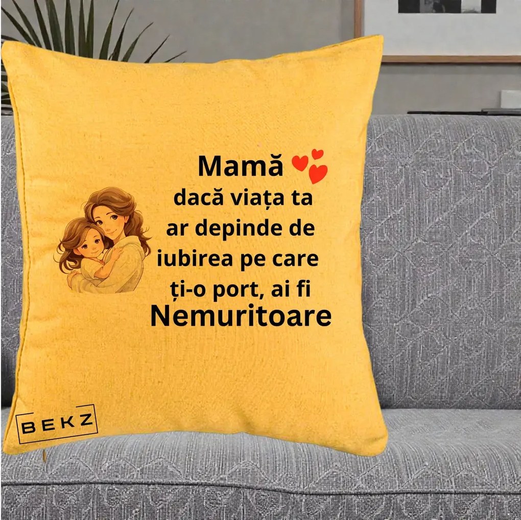 Cadou pentru Mama - Perna Personalizata Mama Nemuritoare cu Balon Inima, 40x40 cm, Galben, Husa Detasabila, Perna Inclusa, BEKZ®