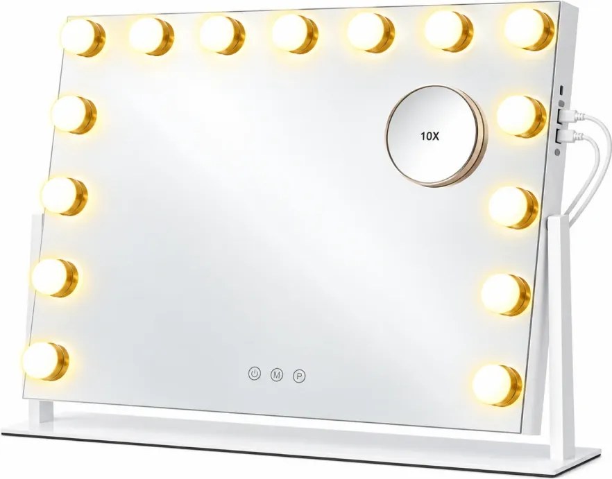 Oglindă cosmetică, sistem iluminare LED cu 3 culori, Luminozitate reglabilă, Senzor Tactil, Port încărcare USB+Type C, Oglindă de mărire 10X, Alb