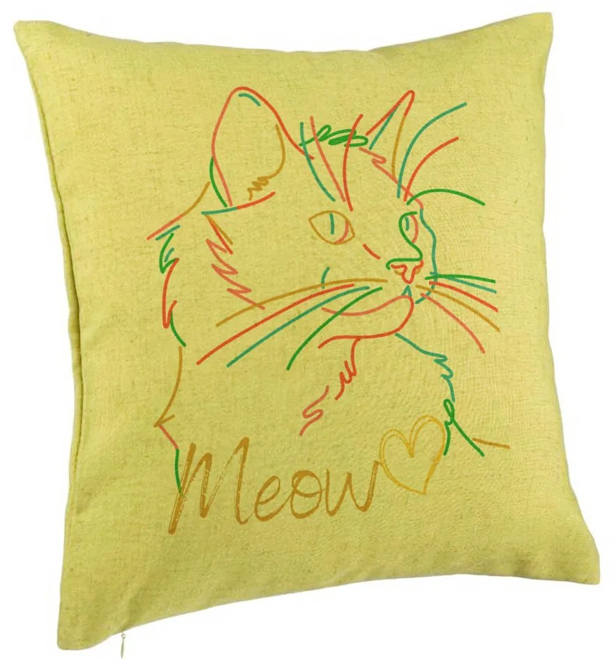 Perna Decorativa, Model Pisica Meow, 40x40 cm, Verde, Husa Detasabila, Burduf