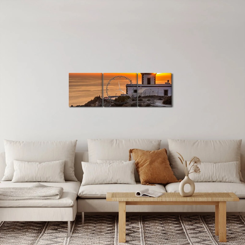 Tablou cu far în apus de soare (cu ceas) (90x30 cm)