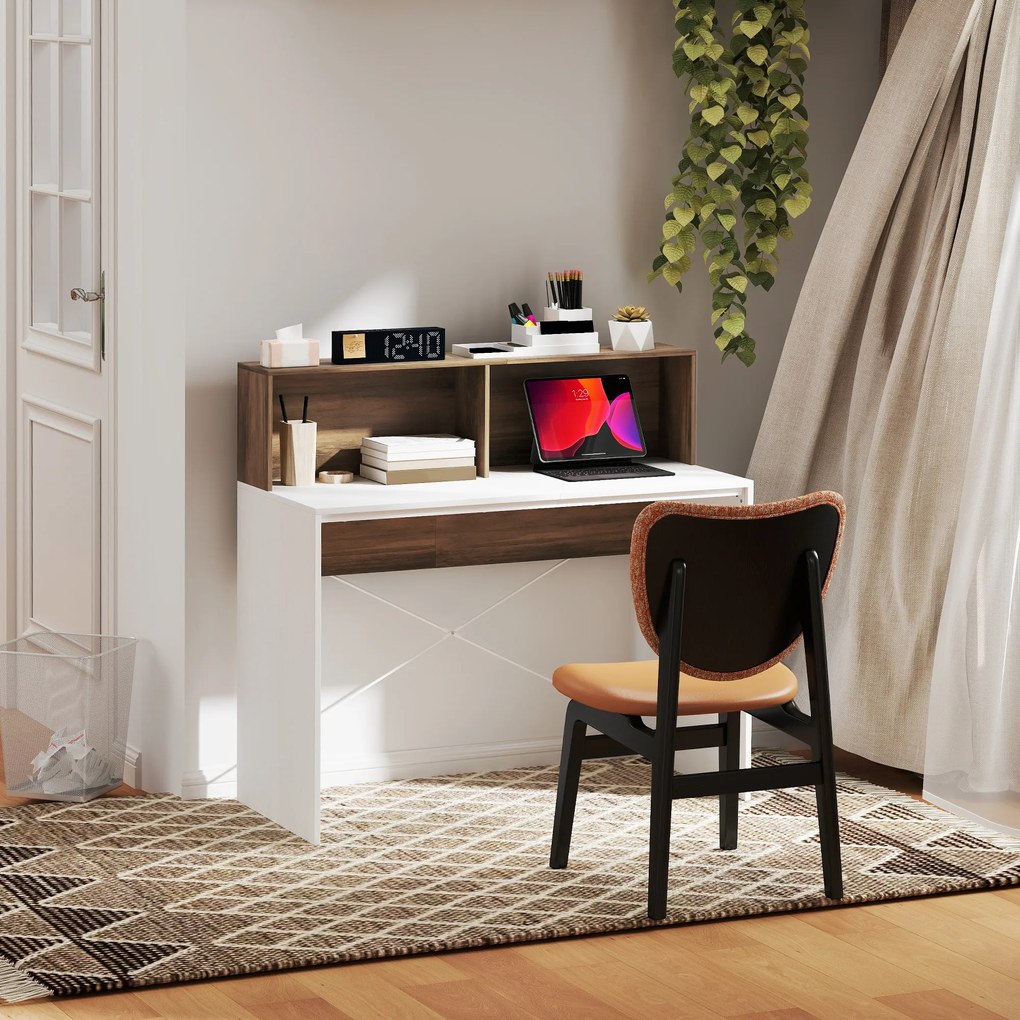 HOMCOM Birou PC pentru Studiu cu Blat Înălțat și 2 Rafturi, 110x50x102.6 cm, Alb și Maro Nuc | Aosom Romania