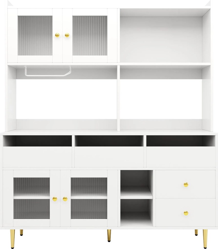 Dulap înalt pentru sufragerie, cu uși cu geam perforat, decor auriu și spațiu mare de depozitare pe mai multe niveluri, 145x39x171 cm, Alb