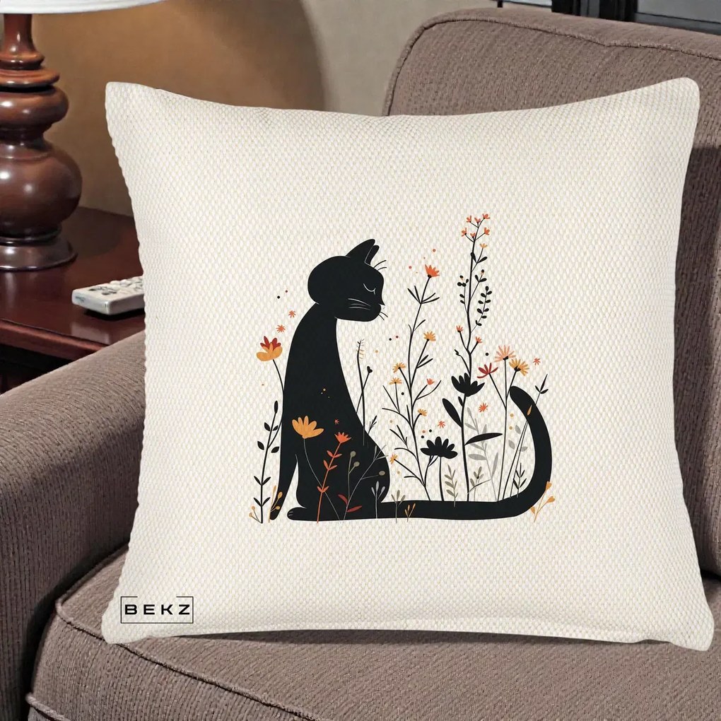 Perna Decorativa Pisica Neagra Flori Portocalii Silueta, 40x40 cm, Crem Reliefat, Husa Detasabila, Perna Inclusa, BEKZ®
