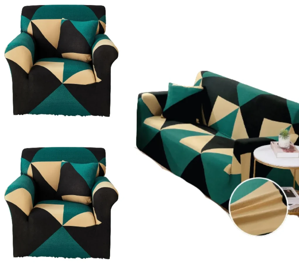 Set huse elastice pentru canapea 3 locuri si 2 fotolii, cu brate, verde / negru, SHEJ-45