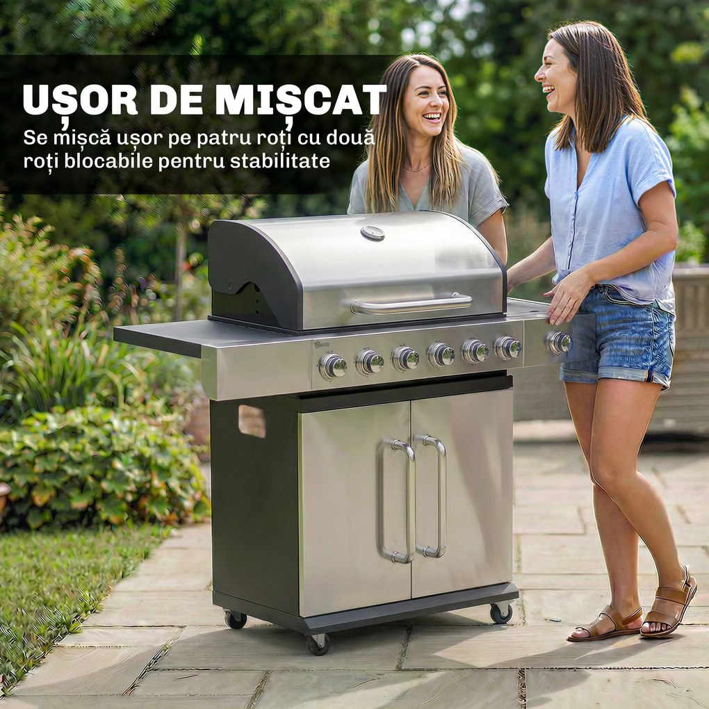 Outsunny Grătar pe Gaz, 6 Arzătoare, Arzător Lateral, Grilaj din Fontă, Dulap Inclus | Aosom Romania