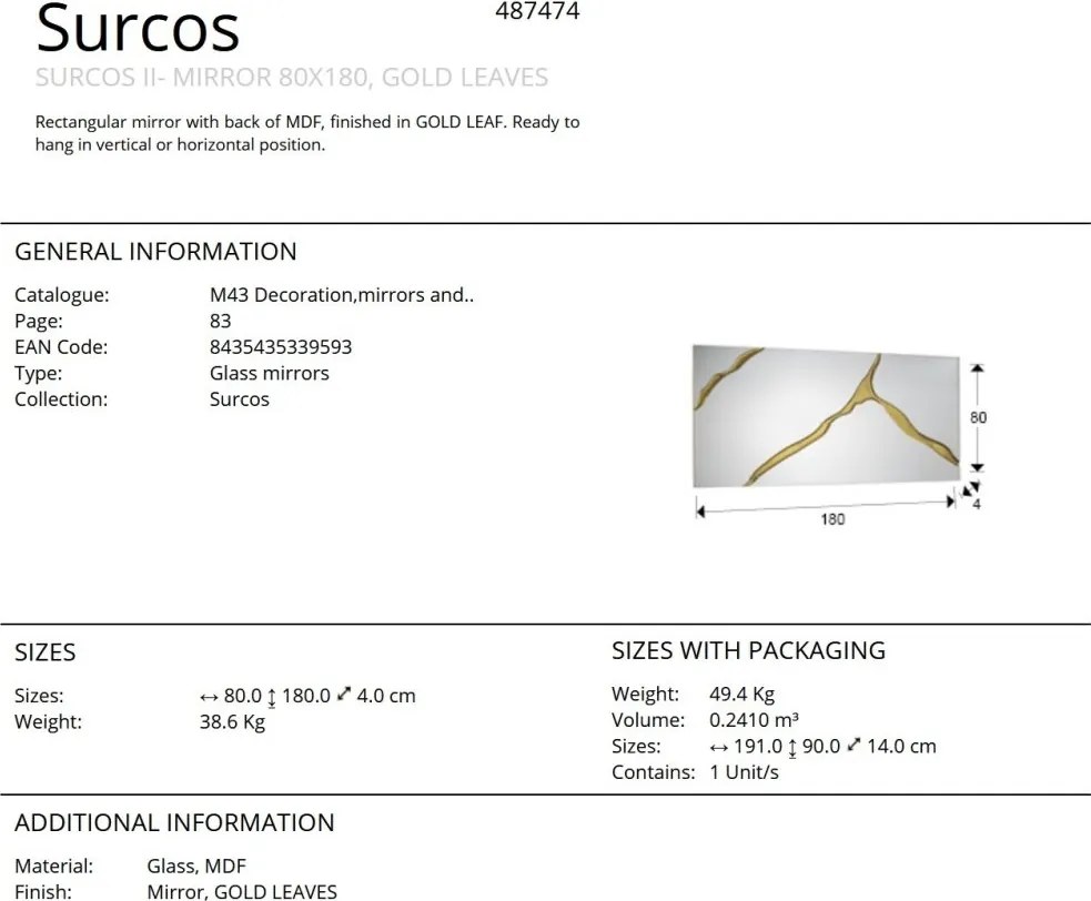 Oglinda de perete mare design decorativ Surcos auriu 180x80cm