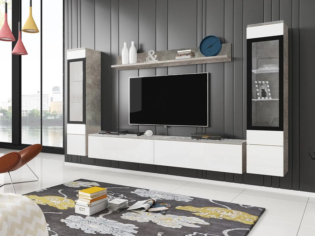 Mobilier living Selwyn II (beton + Alb lucios ) (fără iluminat). 1054046
