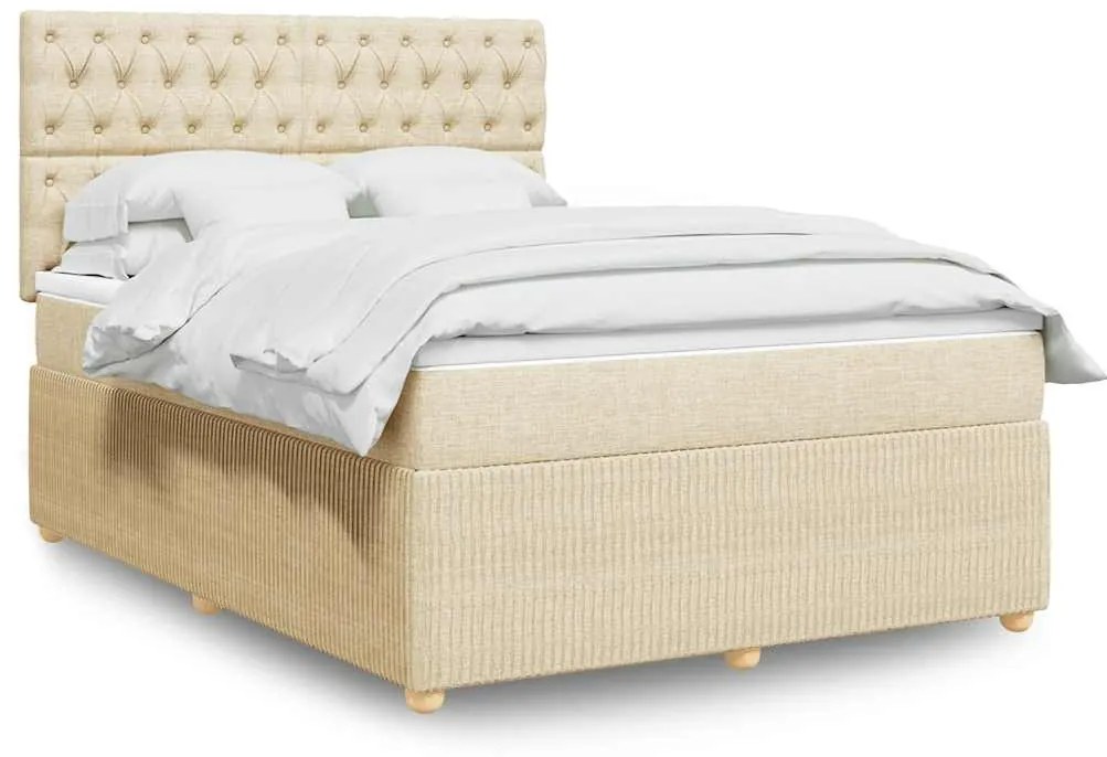 vidaXL Pat box spring cu saltea, crem, 140x200 cm, textil