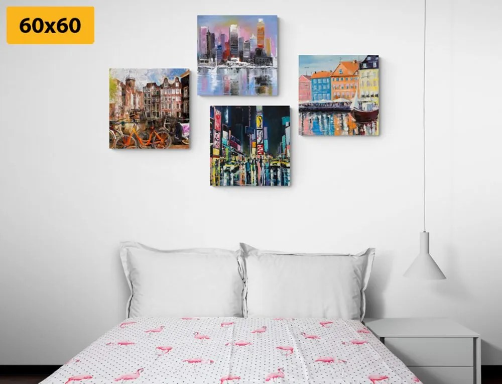 Set tablouri orașe cu imitație de pictură în ulei
