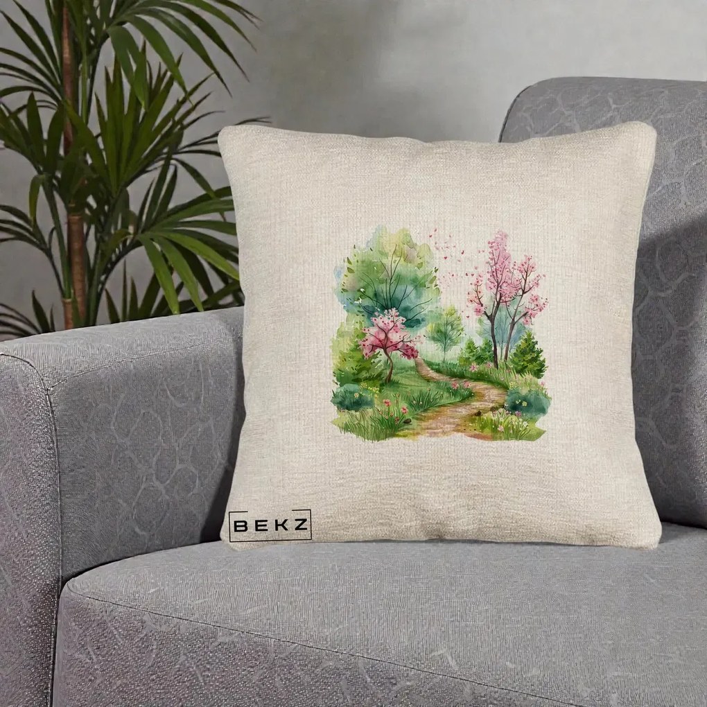 Perna Decorativa Gradina Primavara Acuarela, 40x40 cm, Bej Canapea, Husa Detasabila, Perna Inclusa, BEKZ®