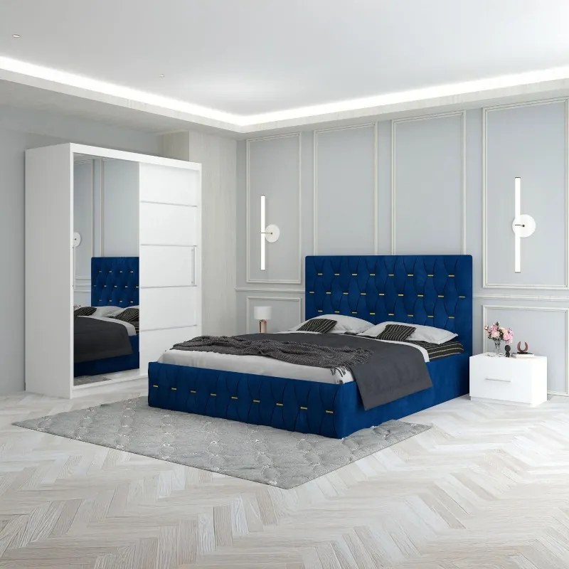 Set Mobila De Dormitor Eric Albastru, pat tapitat 160x200cm,  dulap cu oglinda 150x210cm, noptiere