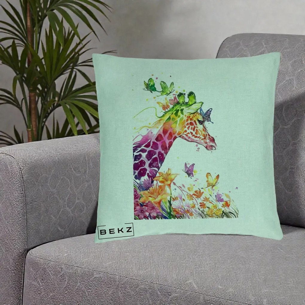 Perna Decorativa Girafa Curcubeu Acuarela, 40x40 cm, Verde Menta, Husa Detasabila, Perna Inclusa, BEKZ®
