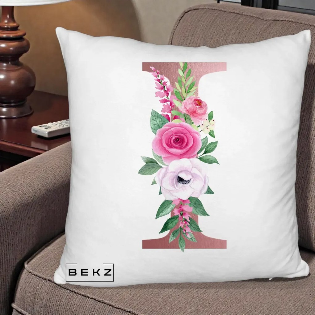Cadou Personalizat - Perna Personalizata Monograma Rose Gold Litera I, 40x40 cm, Alb Pufos, Husa Detasabila, Perna Inclusa, BEKZ®