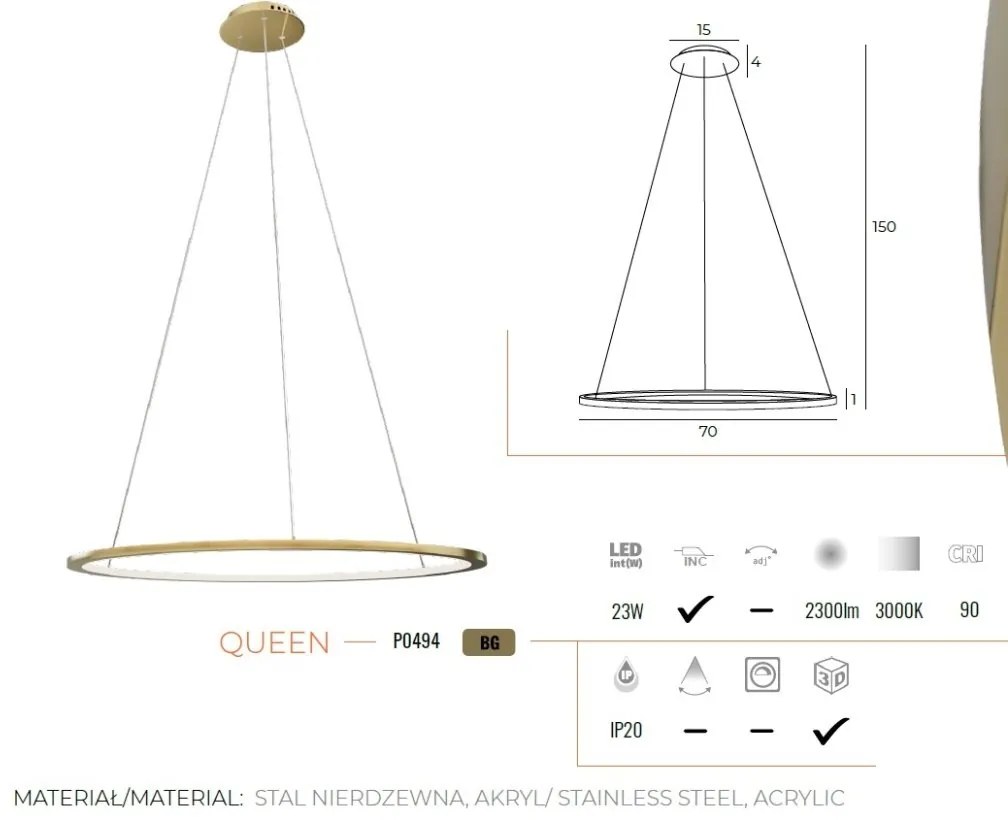 Lustra suspendata LED dimabila design modern QUEEN auriu periat, 70cm