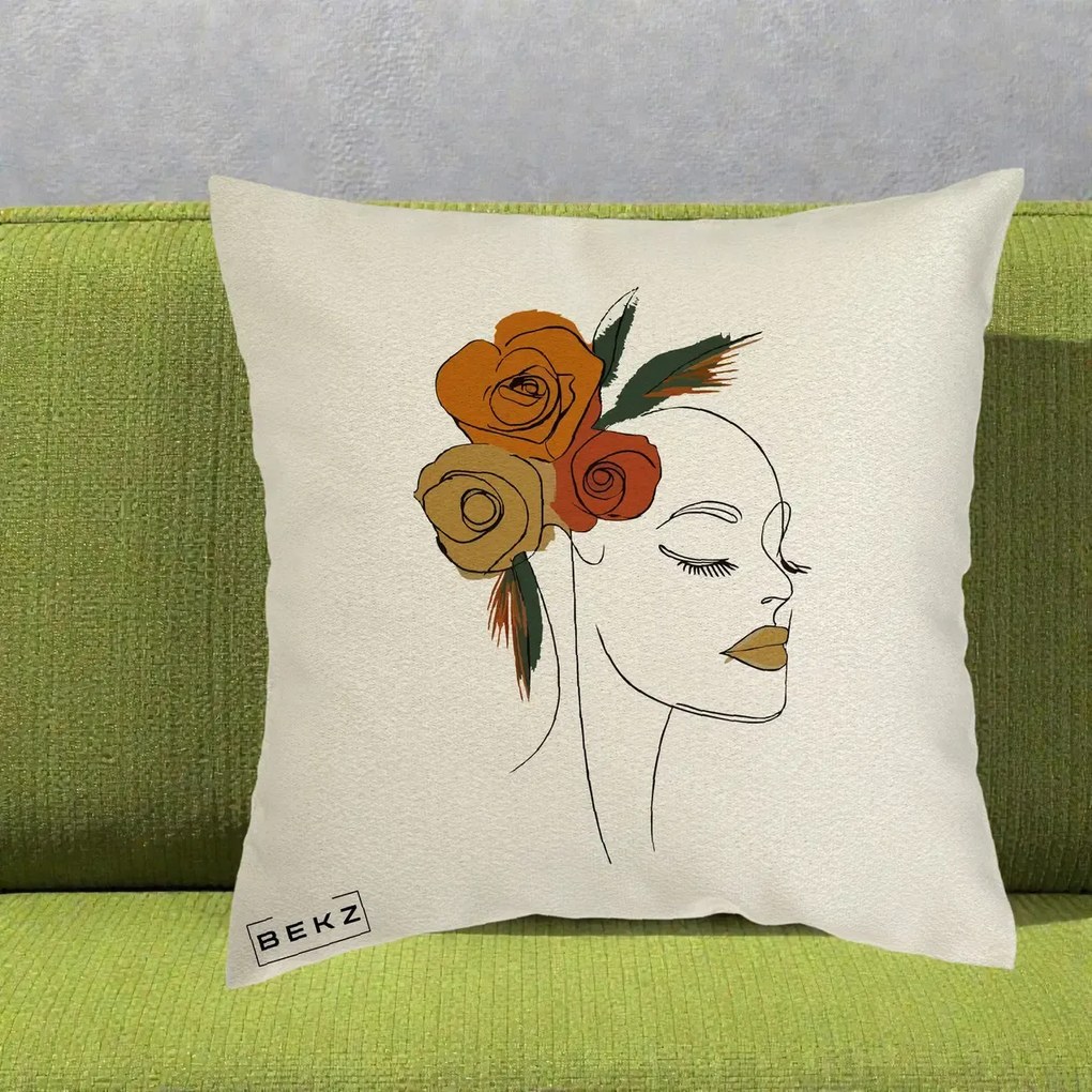 Perna Decorativa Portret Feminin Trandafiri Ruginii, 40x40 cm, Ecru, Husa Detasabila, Perna Inclusa, BEKZ®