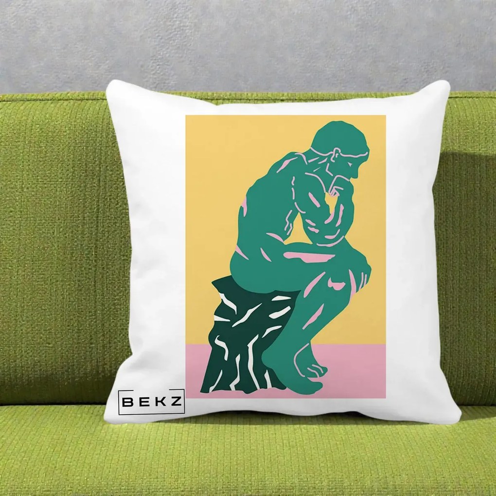 Perna Decorativa Ganditorul Sculptura Pop Art, 40x40 cm, Alba Mata, Husa Detasabila, Perna Inclusa, BEKZ®