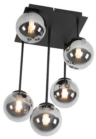 Plafoniera moderna neagra cu 5 lumini cu sticla fumurie - Atena