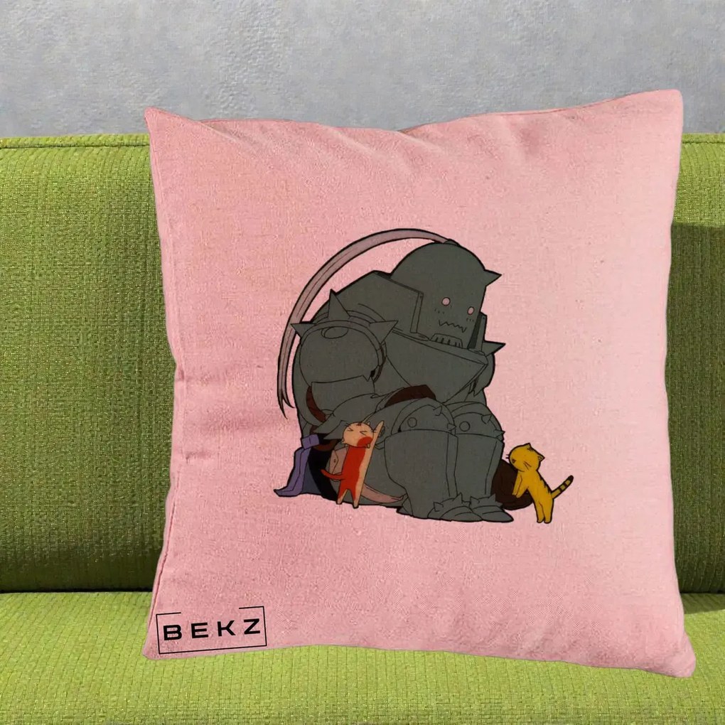 Perna Personalizata Fullmetal Alchemist Alphonse cu Pisici, 40x40 cm, Roz, Husa Detasabila, Perna Inclusa, BEKZ®