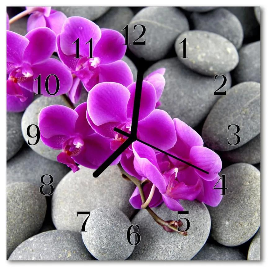Ceas de perete din sticla pătrat Orhidee Pietre Flori Pietre Purple
