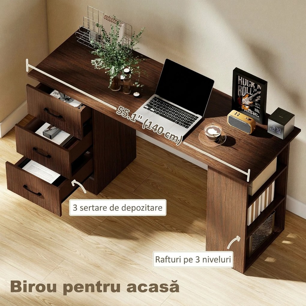 HOMCOM Birou modern cu 3 sertare și 3 rafturi pentru dormitor și birou, din lemn, 120x49x72 cm, nuc | Aosom Romania