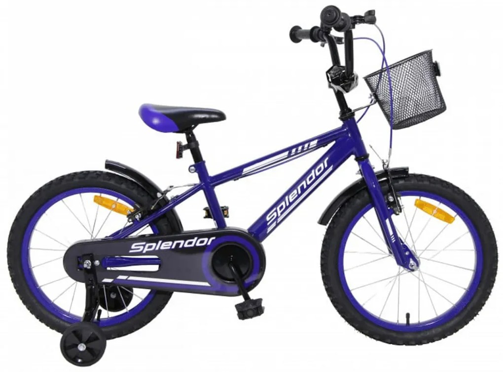 Bicicleta pentru copii NOVOKIDS™ Splend'Or Boom Edition, Cosulet, Roti 18" inch, Max 45 kg, Cadru otel, Roti ajutatoare, Ghidon reglabil, Albastru