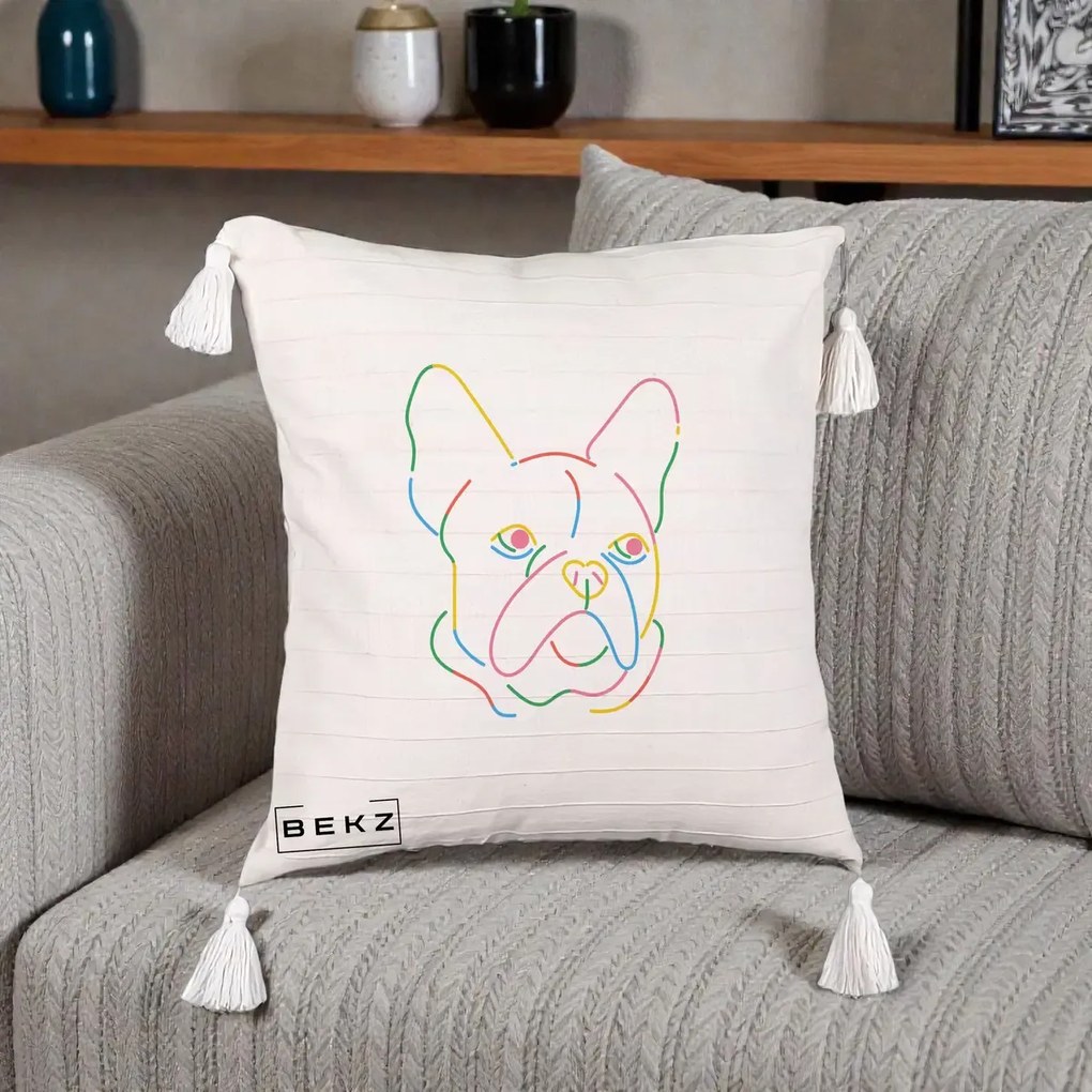 Perna Decorativa Bulldog Francez Line Art Curcubeu, 40x40 cm, Bej cu Franjuri, Husa Detasabila, Perna Inclusa, BEKZ®