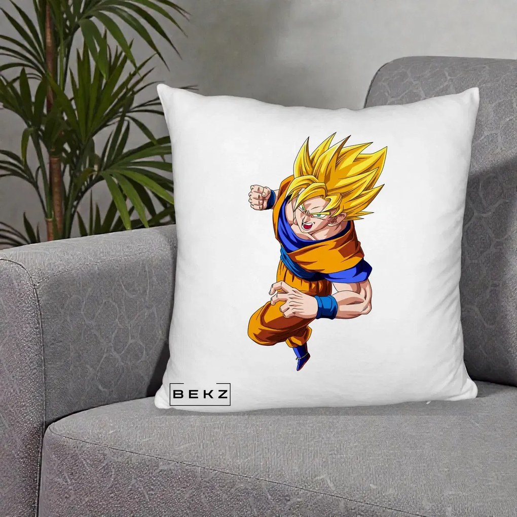 Perna Personalizata Dragon Ball Goku Super Saiyan 2 Lupta, 40x40 cm, Alb Pufos, Husa Detasabila, Perna Inclusa, BEKZ®