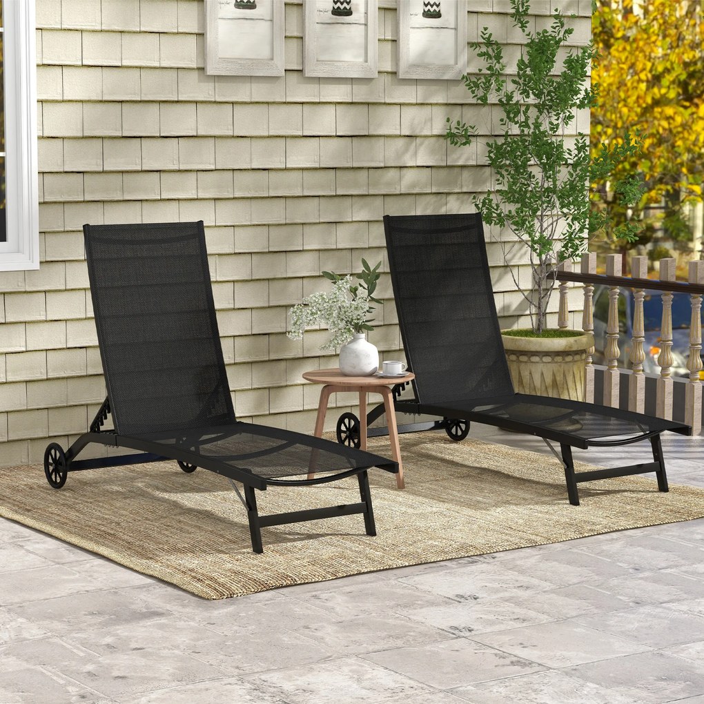 Outsunny Set de 2 șezlonguri din aluminiu și textilenă cu roți, spătar înclinabil, greutate max. 150 kg, negru | Aosom Romania