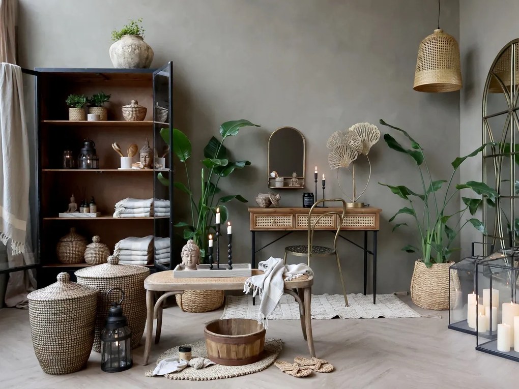 Bancheta din lemn de cauciuc, rattan si rachita , cu aspect vintage, Old French
