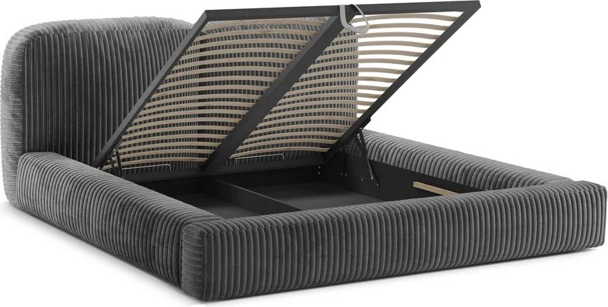 Pat matrimonial gri tapițat cu spațiu de depozitare cu somieră 160x200 cm Martina – Micadoni