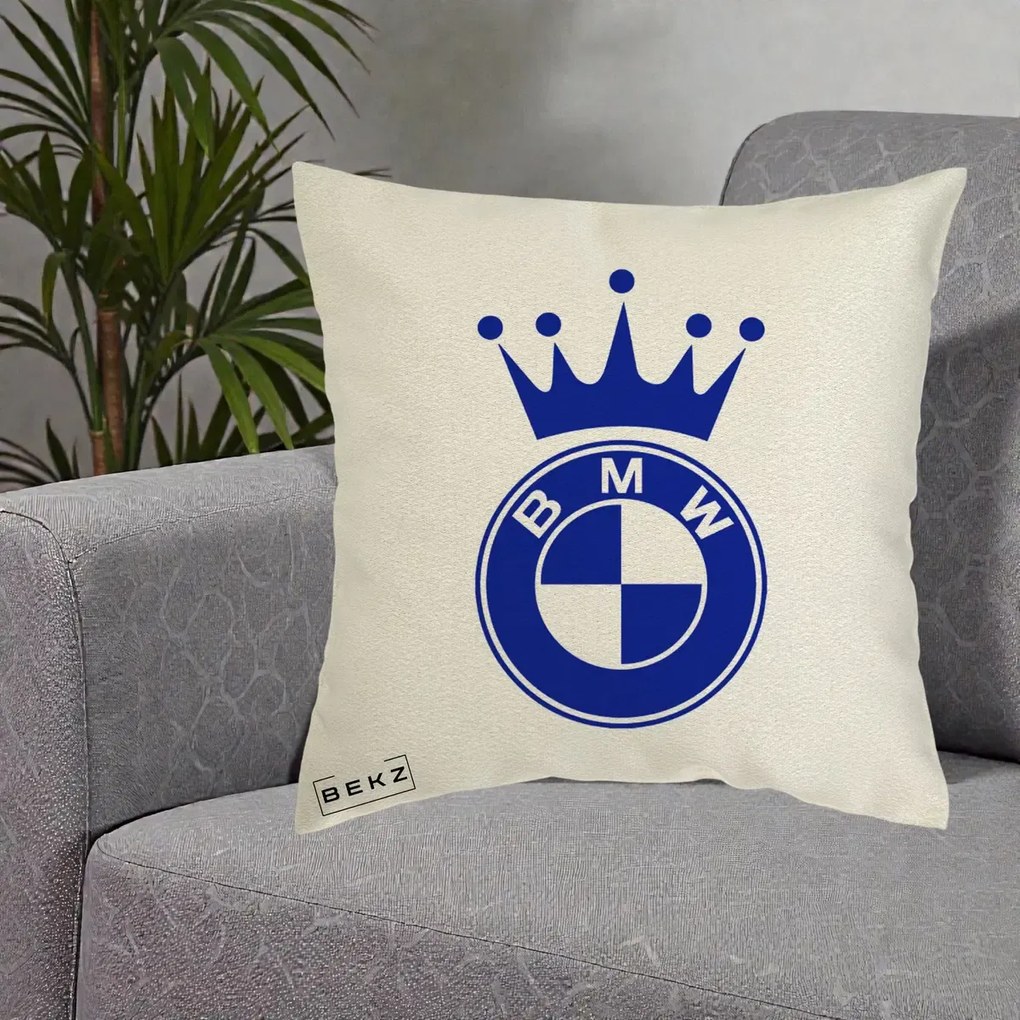 Perna Personalizata cu emblema BMW si Coroana, 40x40 cm, Ecru, Husa Detasabila, Perna Inclusa, BEKZ®