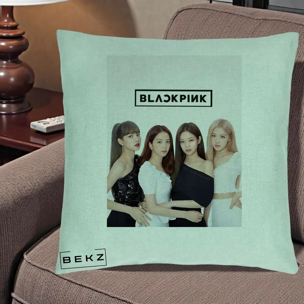Perna Personalizata K-pop BLACKPINK Foto Grup-Negru, 40x40 cm, Verde Menta, Husa Detasabila, Perna Inclusa, BEKZ®