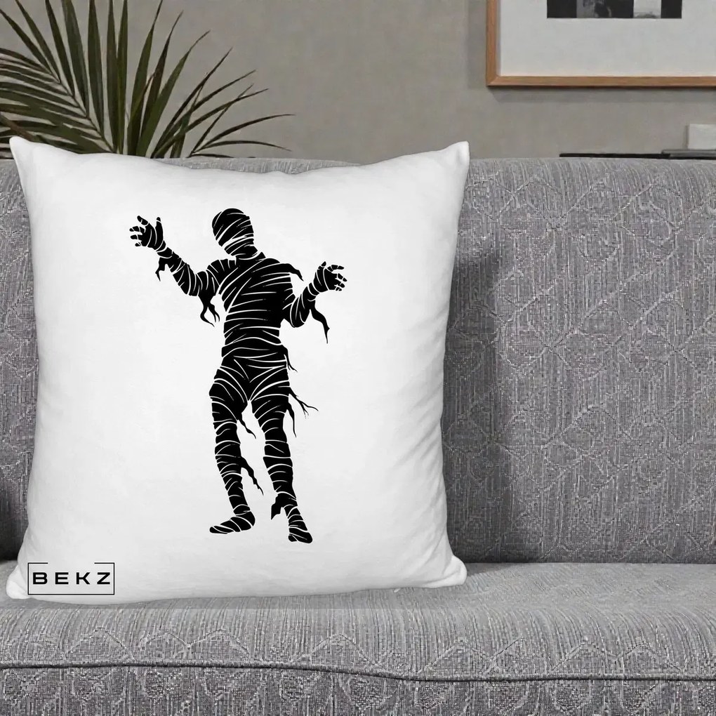 Perna Decorativa Mormii Infricosat Silueta Neagra Halloween, 40x40 cm, Alb Pufos, Husa Detasabila, Perna Inclusa, BEKZ®
